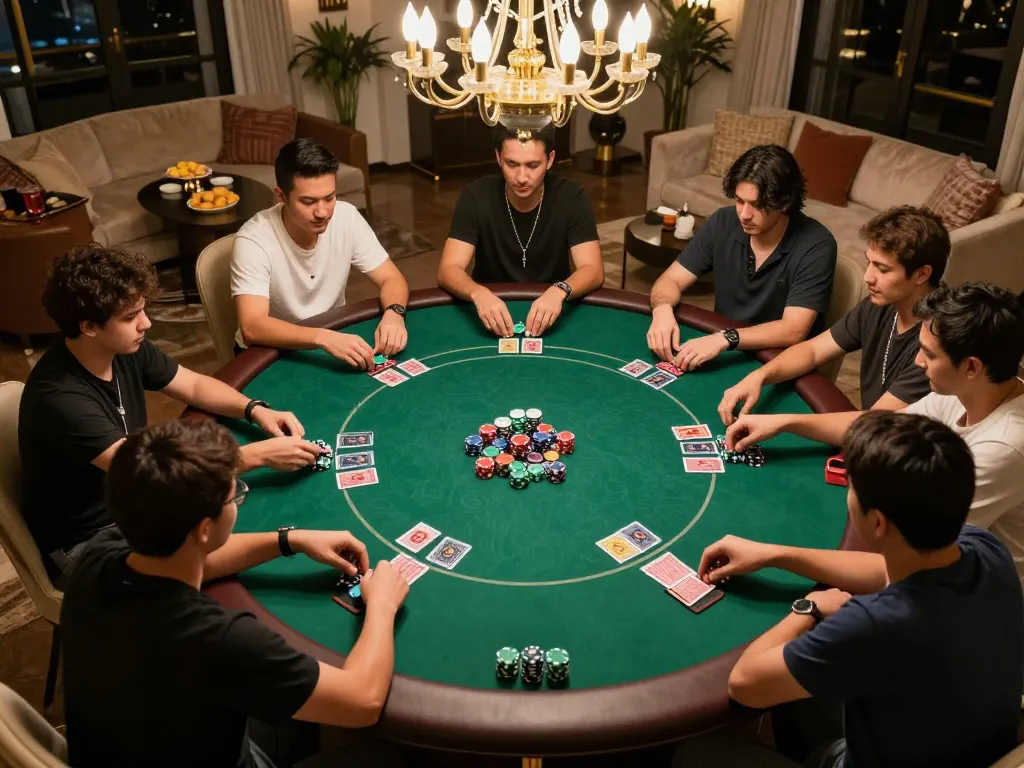 Engaging players participating in LINK SUNWIN poker night with chips and cards amidst an elegant setting