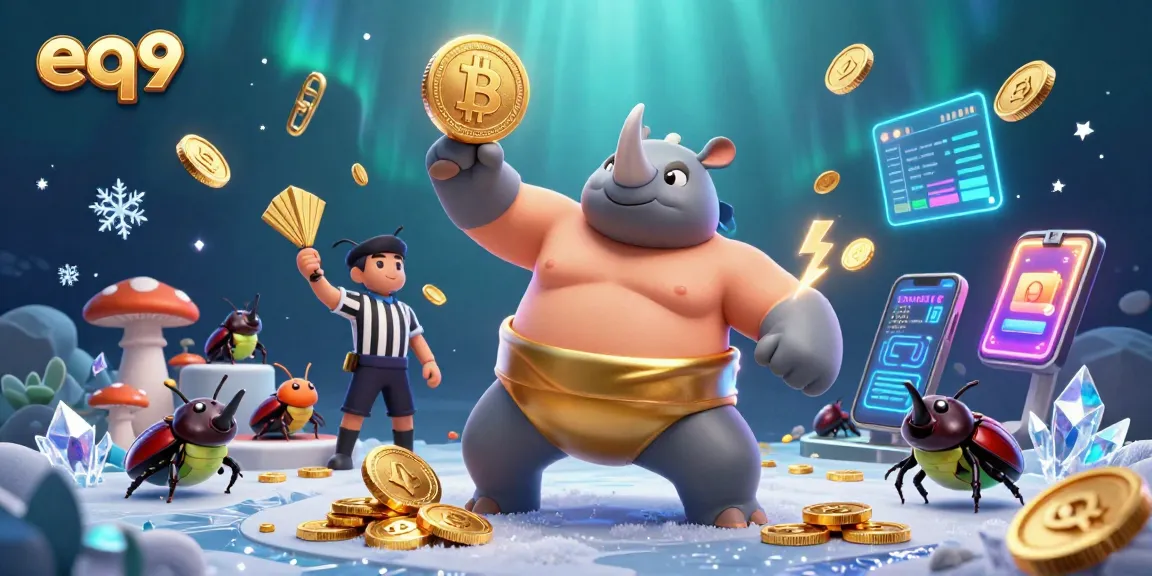 Experience great wins at eq9, featuring a sumo beetle champion and crypto elements in vibrant 3D illustration.