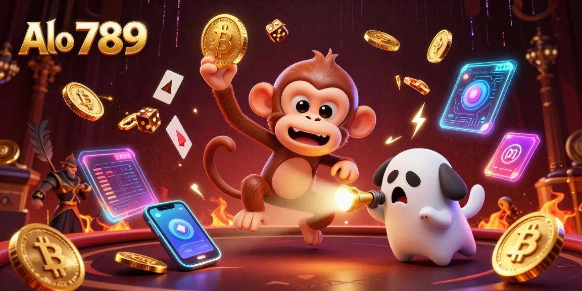 Alo 789 showcases thrilling cockfighting excitement with a mischievous poltergeist monkey juggling golden items in a haunted casino.
