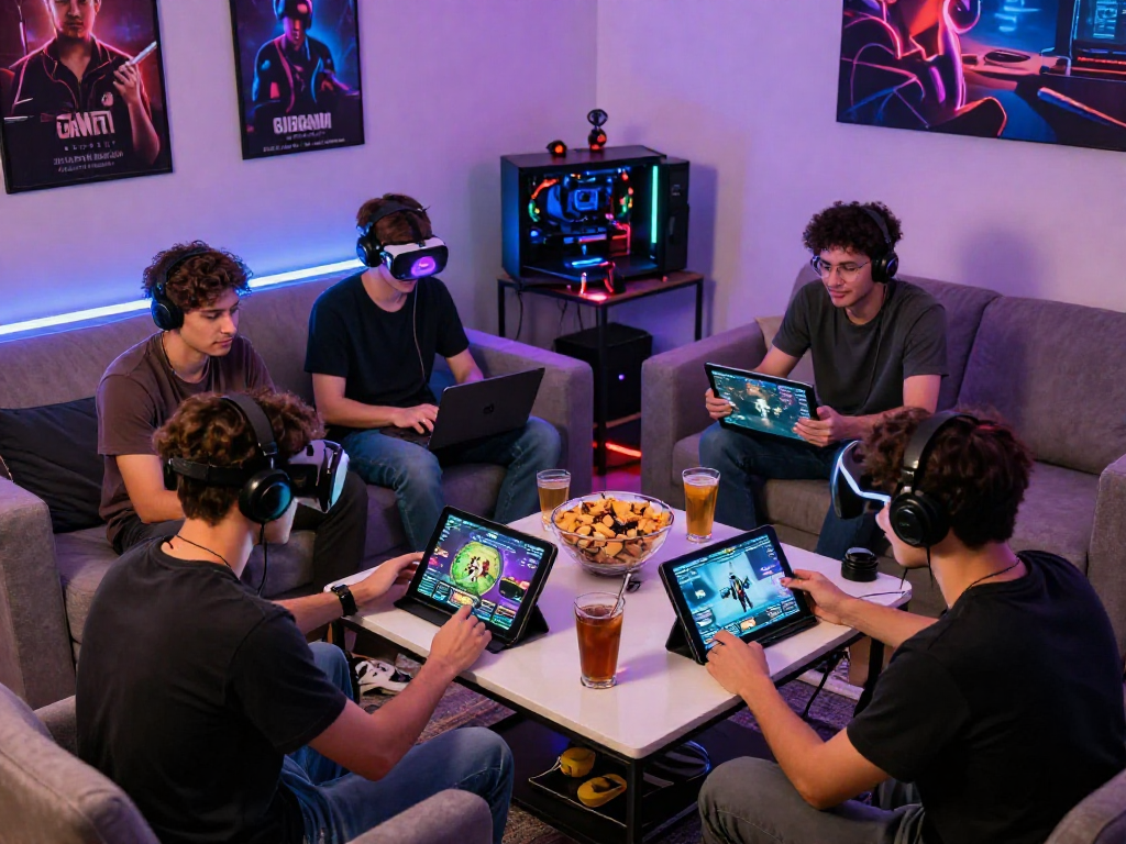 Engaged players enjoying html sex games in a vibrant gaming room with tech and neon lights.