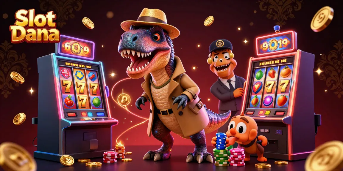 Experience the thrill of Slot Dana with cartoon velociraptor playing slots amidst gold coins and jackpot excitement.