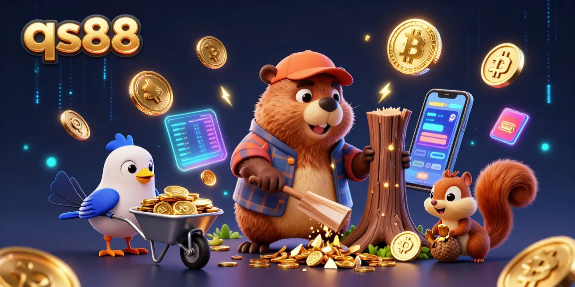 Join the excitement at qs88 with cartoon characters gathering golden coins in a vibrant gaming scene.