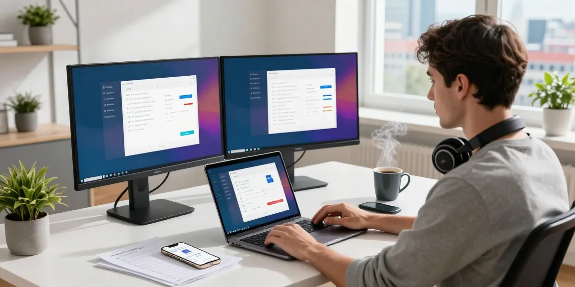 Downloading WPS software in a modern home office with dual monitors, light streaming in.