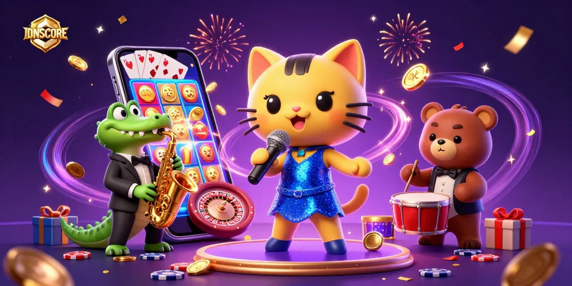 IDNSCORE offers exciting casino experiences with vibrant characters and games in a colorful scene.