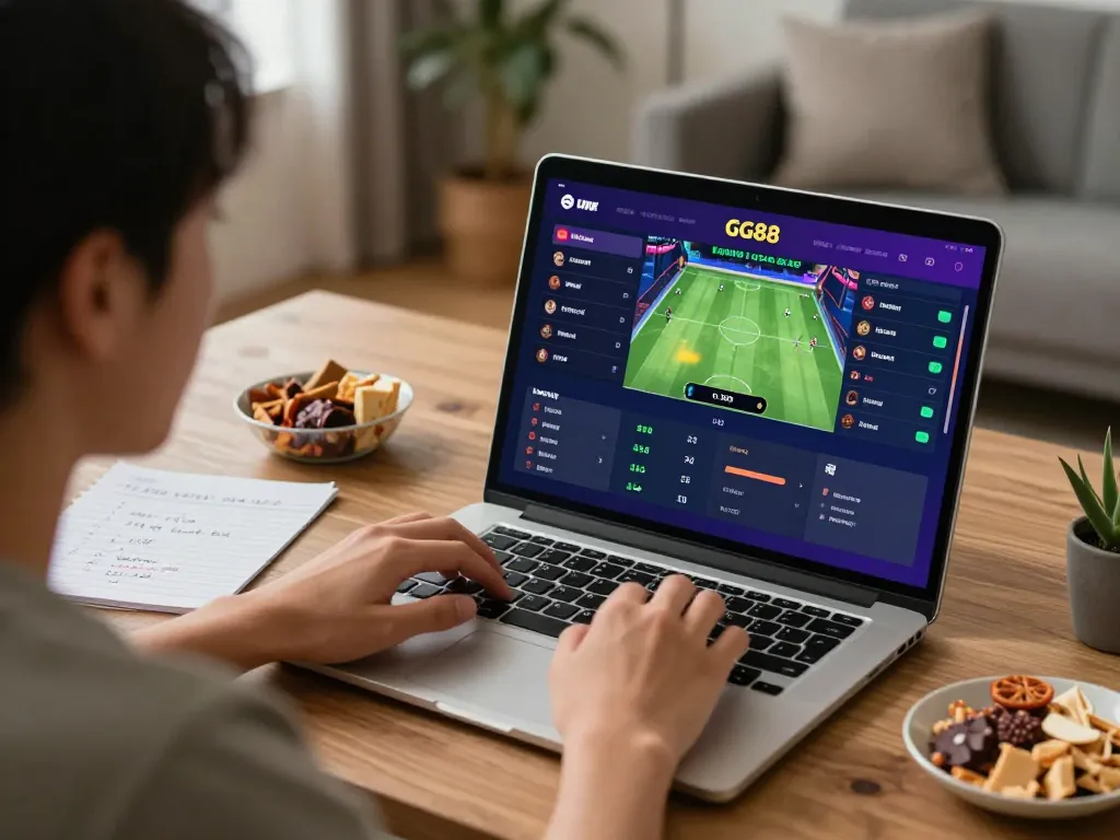 Engaging in sports betting on GG88 platform from a cozy home office setup.
