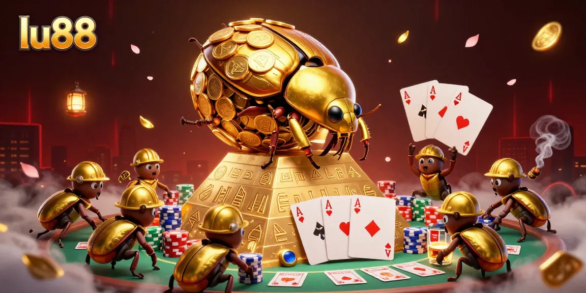 lu88 showcases a golden beetle rolling coins up a pyramid amidst vibrant casino elements in a detailed 3D scene