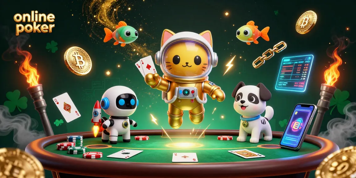 Engage in online poker with a vibrant scene of a space astronaut cat, robot dog, and alien fish.