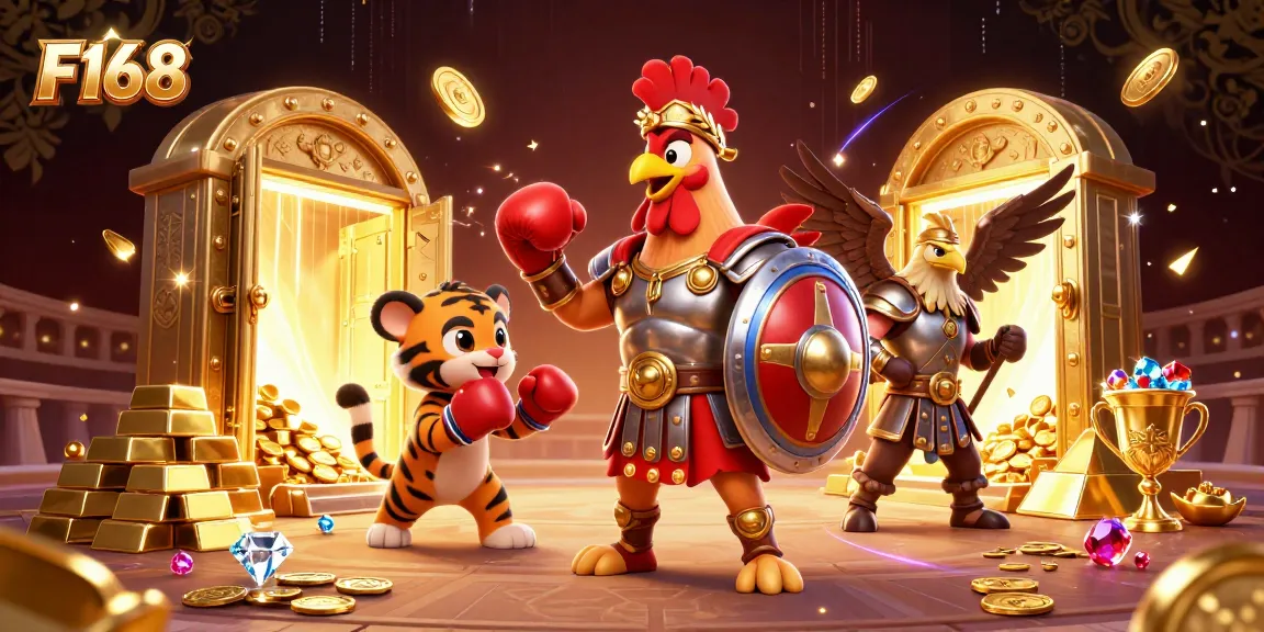 Engage with F168's immersive gaming experience featuring a 3D gladiator rooster in the arena.