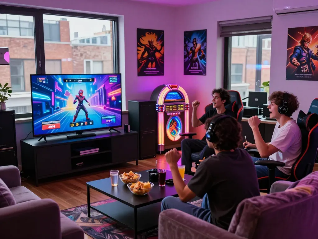 Group enjoying online porn games in a vibrant gaming lounge with snacks and colorful lights