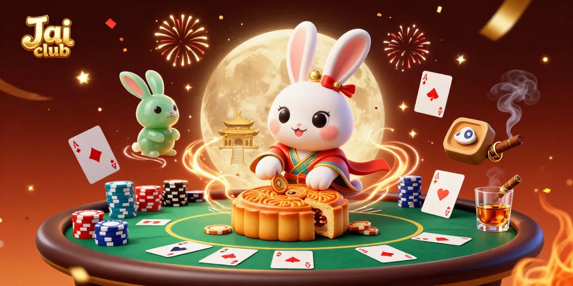 Engage with Jai club's vibrant gaming experience, revealing poker chips from mooncakes in a dynamic casino scene.