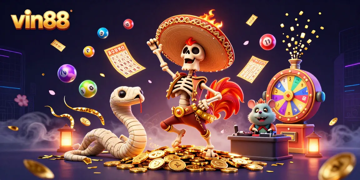 vin88 showcases an exciting online casino experience with vibrant elements, thrilling characters, and dynamic gaming energy.