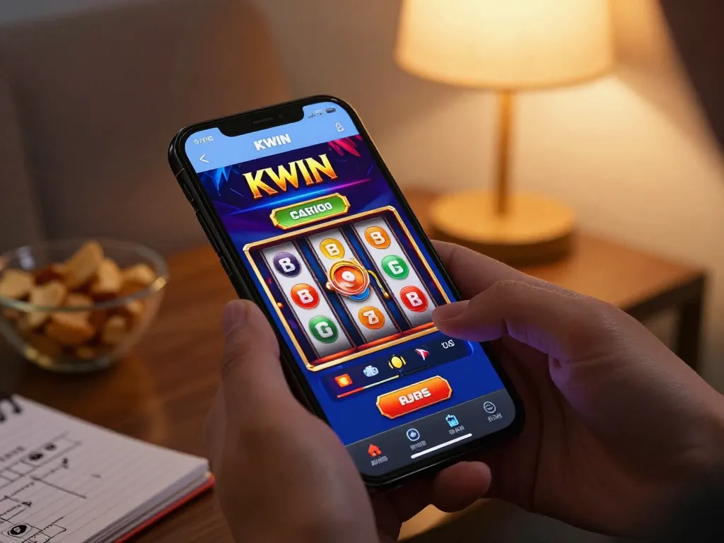 KWIN player spinning slots on mobile app in cozy home environment for engaging online gaming experience.