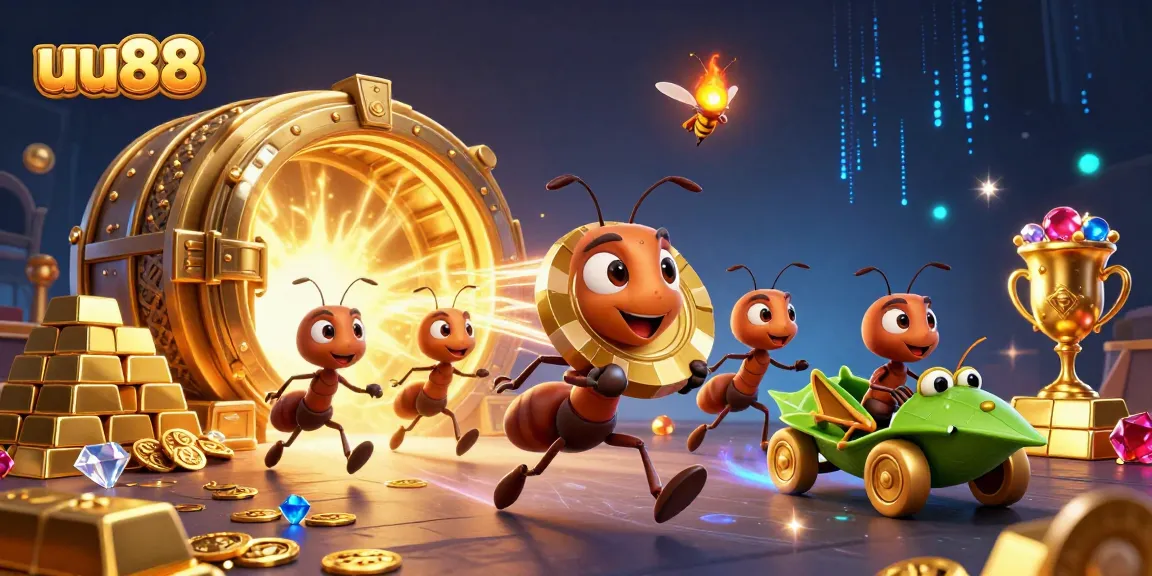 Experience thrilling gambling action with uu88 as cartoon ants carry a giant poker chip in a treasure-filled scene.