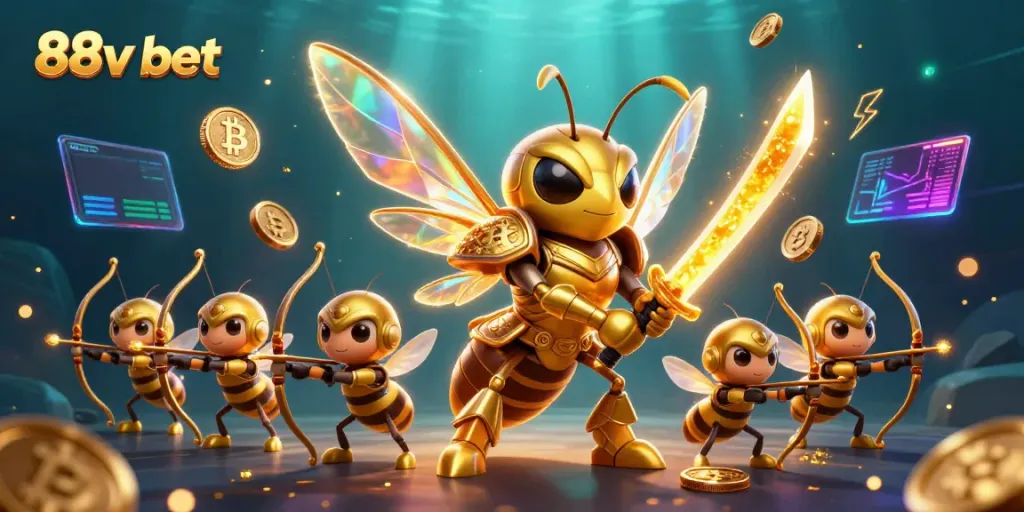 Engage with 88v bet's vibrant gaming universe featuring a giant hornet character and dynamic crypto elements.