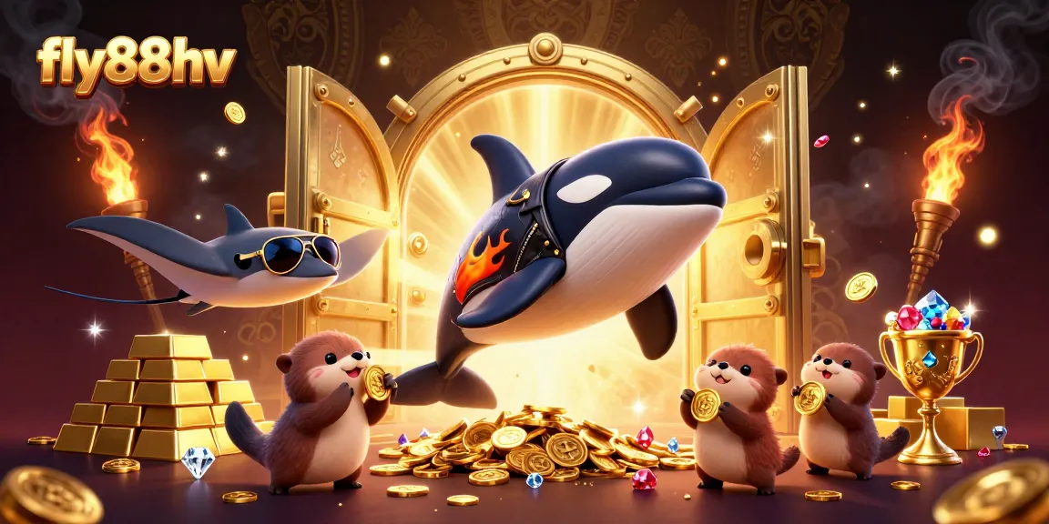 Experience the thrill of fly88hv casino with vibrant 3D characters and treasures in a dynamic scene.