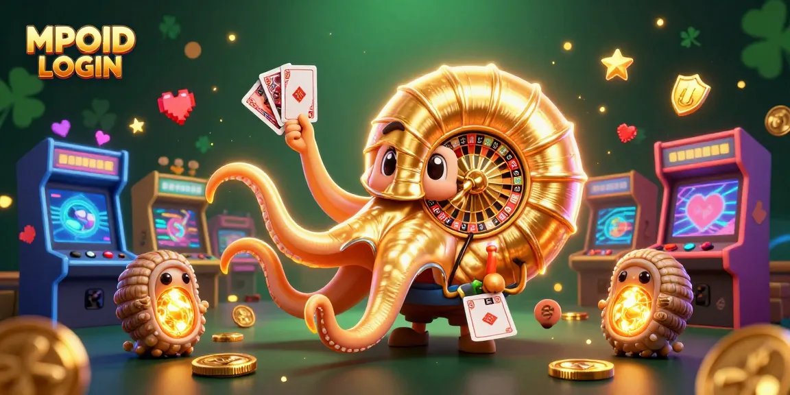 Experience the thrill of MPOID LOGIN with shining characters at a vibrant casino scene.