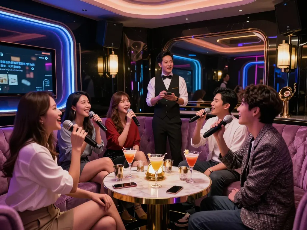 럭셔리한 분위기의 강남가라오케 개인실에서 신나는 그룹 노래와 음료를 즐기는 모습.