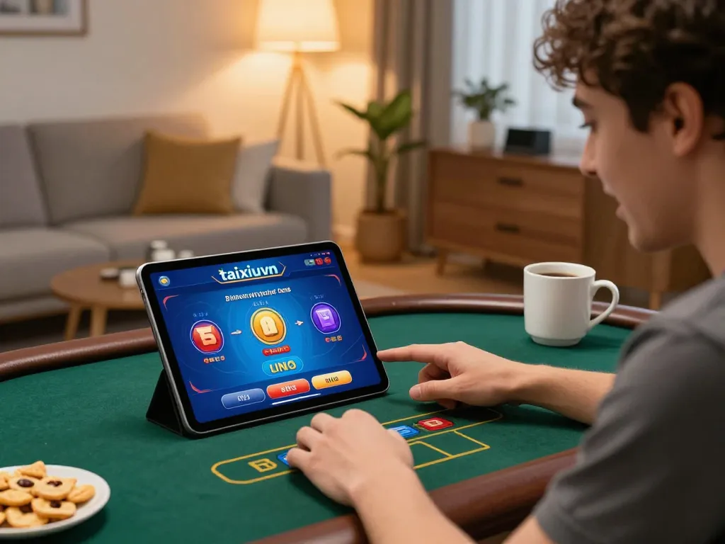 Player using the taixiuvn app on a tablet for online Tài Xỉu gaming in a cozy setting.