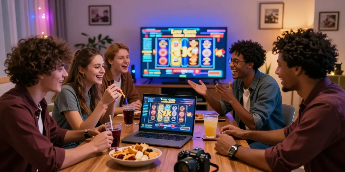 Friends enjoying a thrilling slot deposit 1k gaming experience together, with colorful lights and a lively atmosphere.