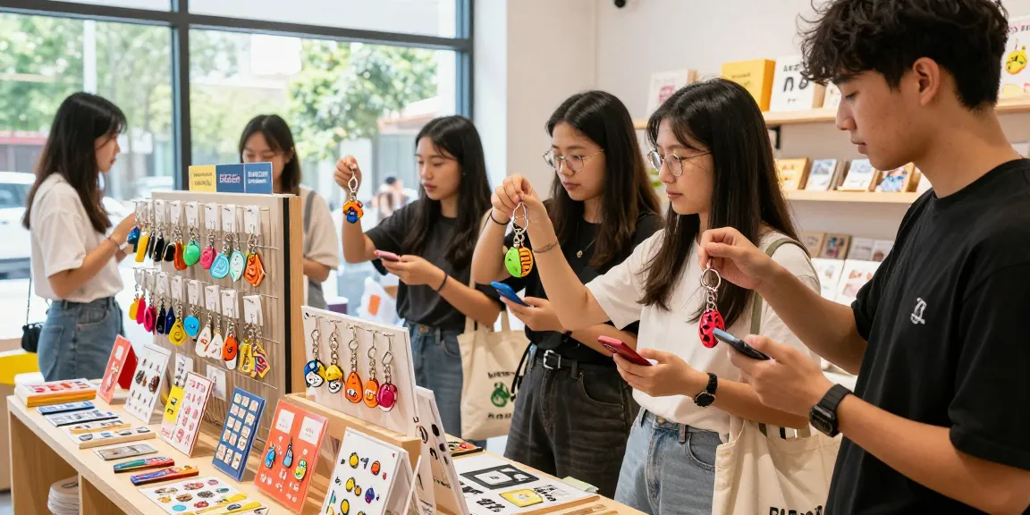 Explore unique custom keychains with diverse designs and vibrant colours in an engaging retail environment.