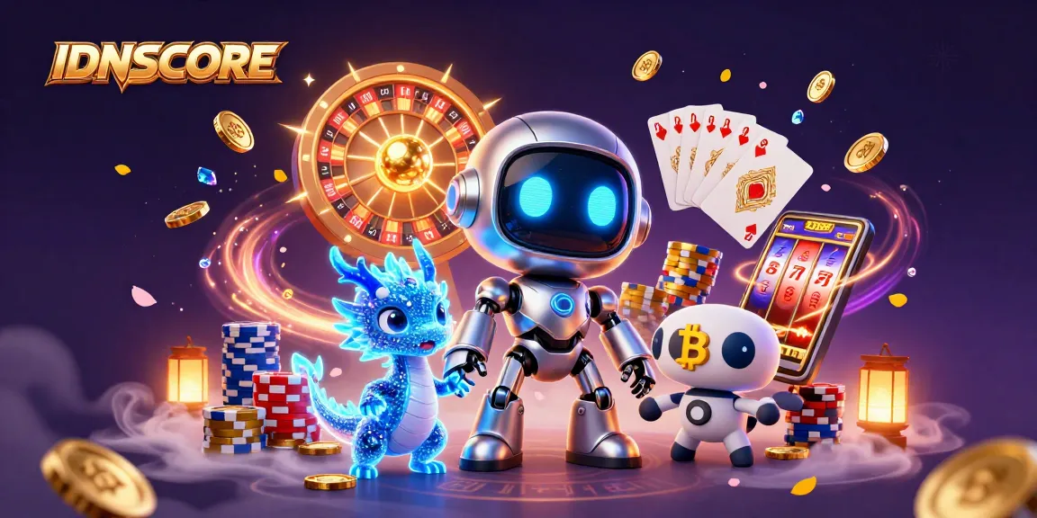 IDNSCORE engages players with thrilling games, showcasing a vibrant cyberpunk casino scene.