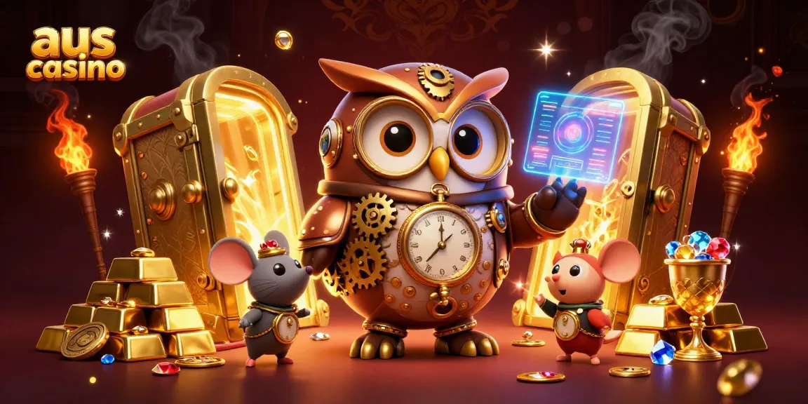 Experience thrilling wins at aus casino with a 3D illustration of vibrant, steampunk casino elements.