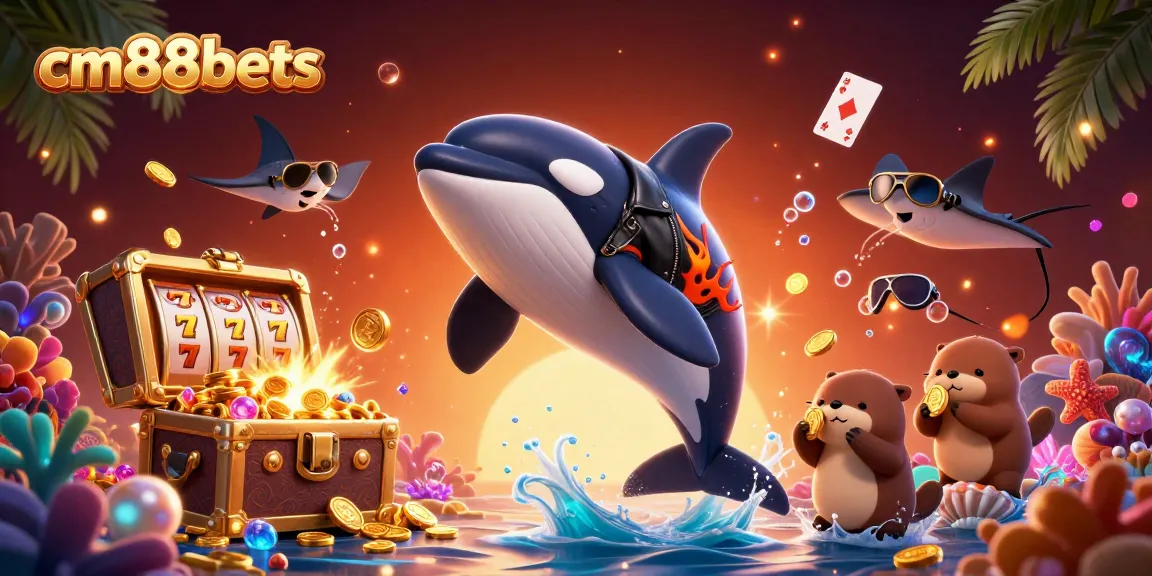 Join the excitement with cm88bets as a vibrant cartoon orca, stingray, and sea otters celebrate winning coins.