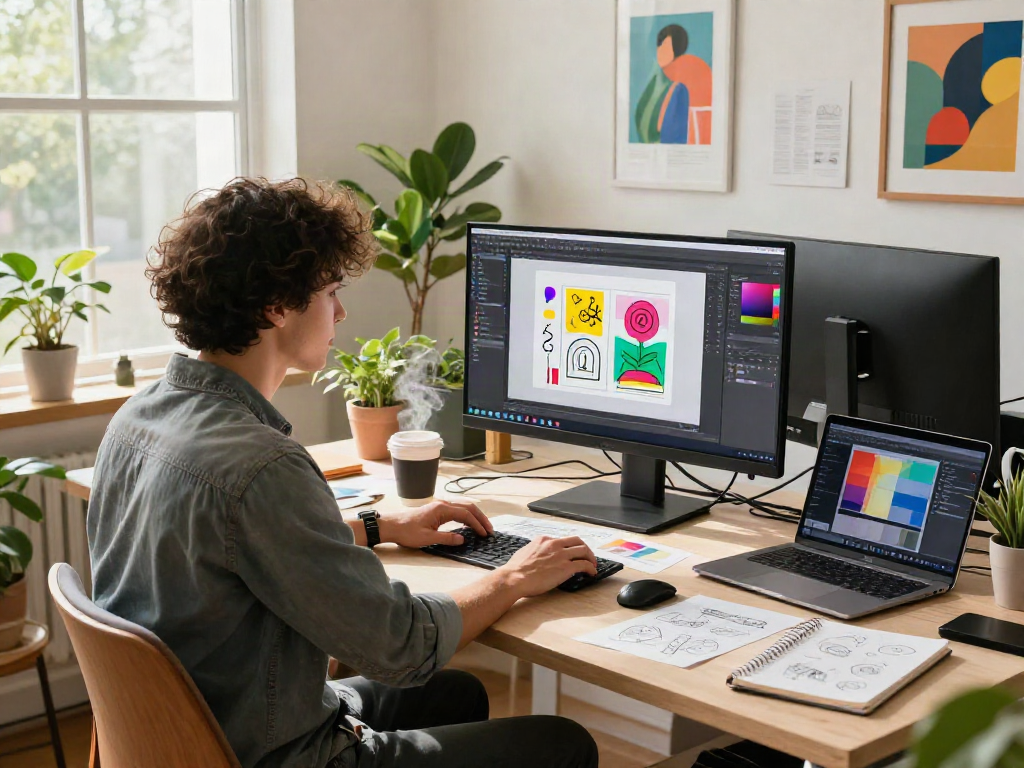 Professional graphic designer using an ai image generator from image in a creative workspace filled with vibrant artwork.
