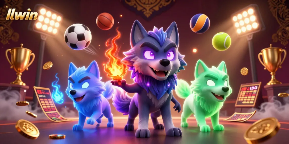 Engage with LLWIN's dynamic betting scene featuring glowing spectral wolves and sports elements.