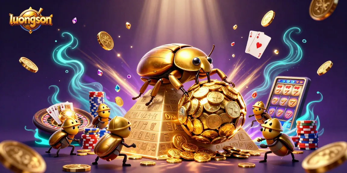 Experience vibrant luongson casino action with golden beetles rolling coins and dynamic game elements.