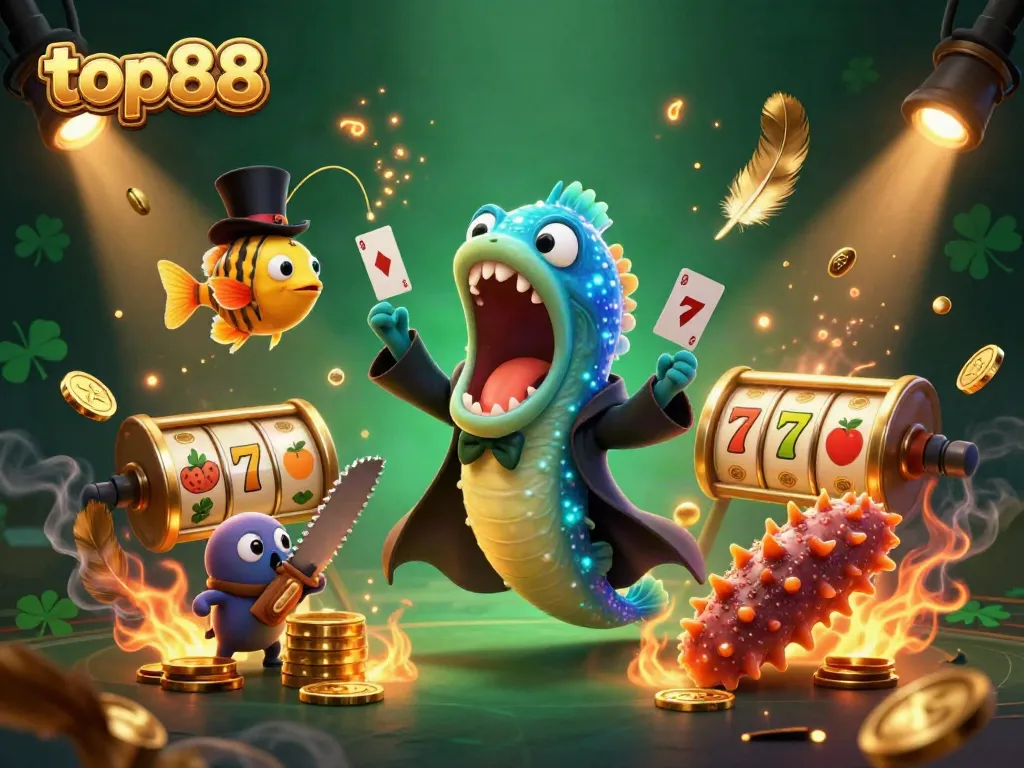 top88 showcasing a vibrant casino scene with deep-sea characters performing magic tricks and slot reels
