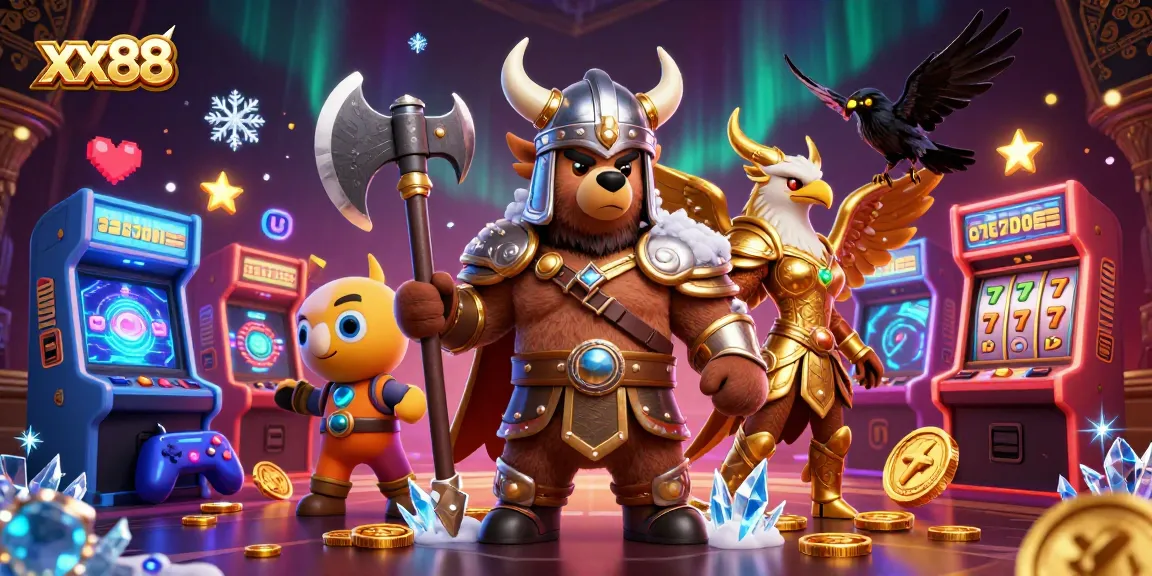 Experience the excitement of xx88 with a Viking bear and golden eagle in a classic casino setting.