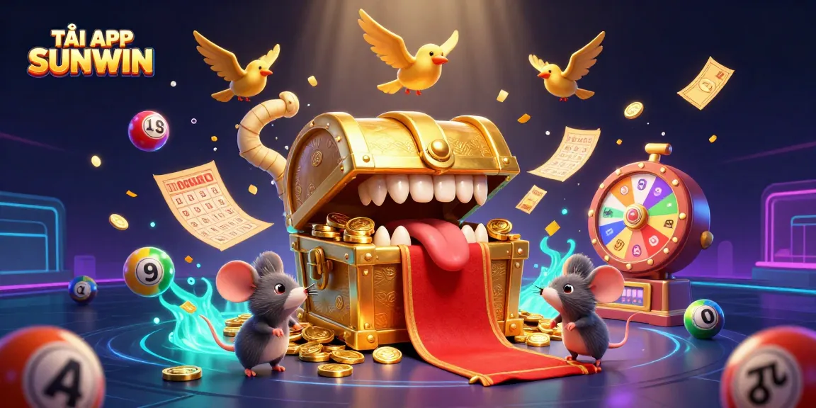 TẢI APP SUNWIN engaging adventurer mice with a golden treasure chest, surrounded by dynamic gambling elements.