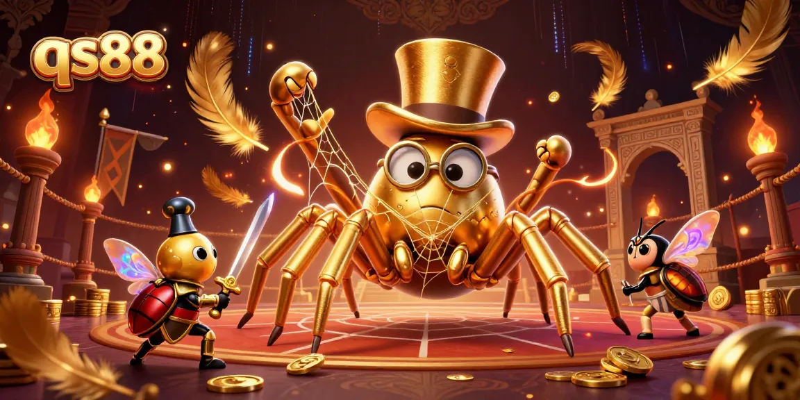 Experience thrilling qs88 casino action with a golden tarantula and knight in vibrant 3D illustration.
