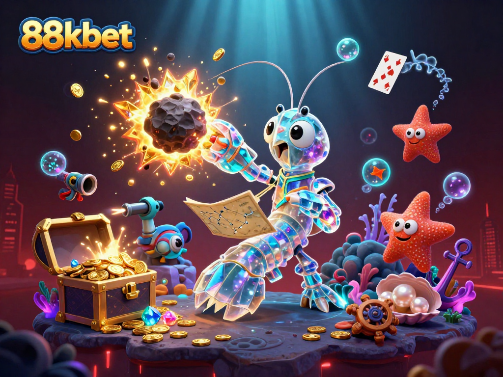 A galactic mantis shrimp showcases 88kbet's exciting gaming with treasures exploding, set in a vibrant underwater scene.