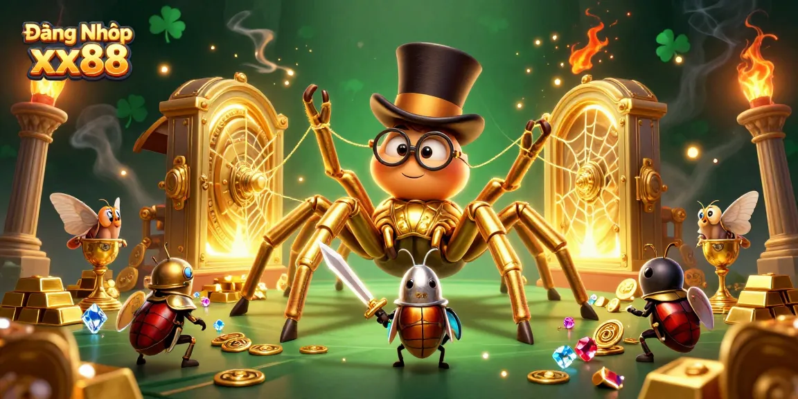 Engage in Đăng Nhập xx88 to a vibrant casino world with a golden tarantula and beetle knight.