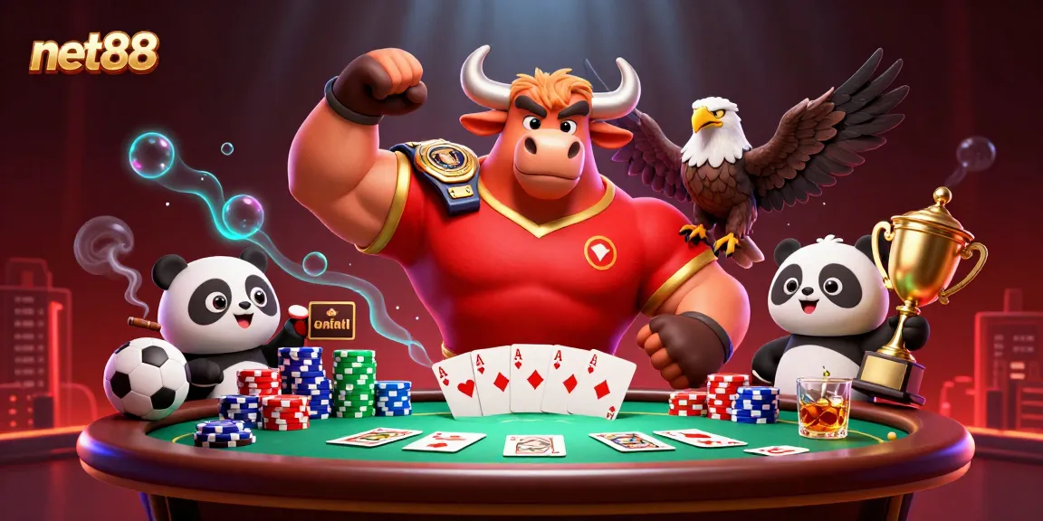 Bet on net88 with a dynamic sports betting scene featuring a muscular bull, eagle, and a joyful panda.