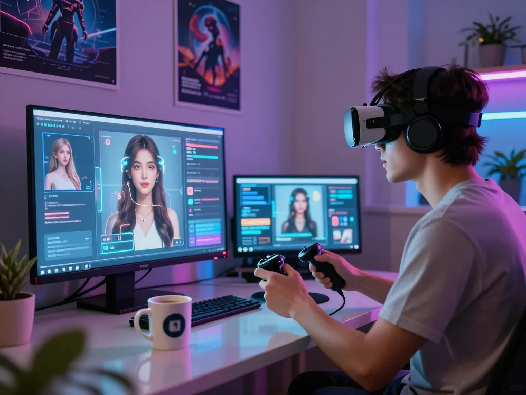 A user interacting with a personalized AI girlfriend in a futuristic virtual reality setting.