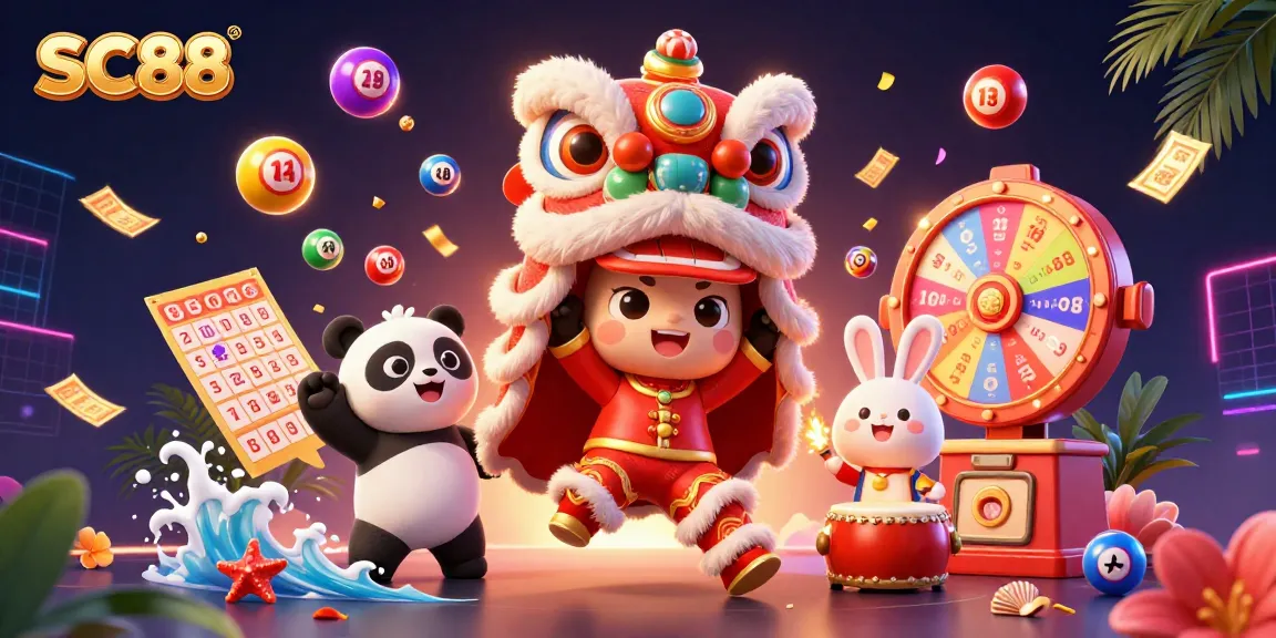 Engage with SC88's dynamic gaming world featuring lion dance, colorful lottery balls, and casino elements.