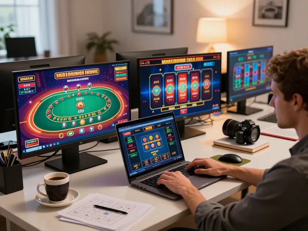 Joueur profitant des meilleurs casinos en ligne sur un ordinateur portable, engagé dans un gameplay excitant à domicile.