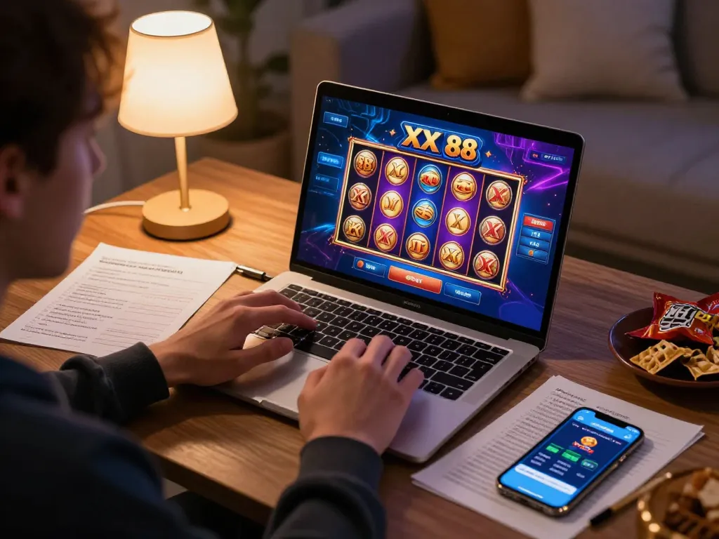 Engaged player exploring game options on the XX 88 online casino platform at home.
