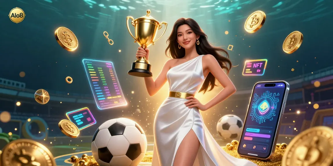 Experience Alo8's exciting gaming features with a photorealistic Asian woman celebrating victory with sports betting elements.