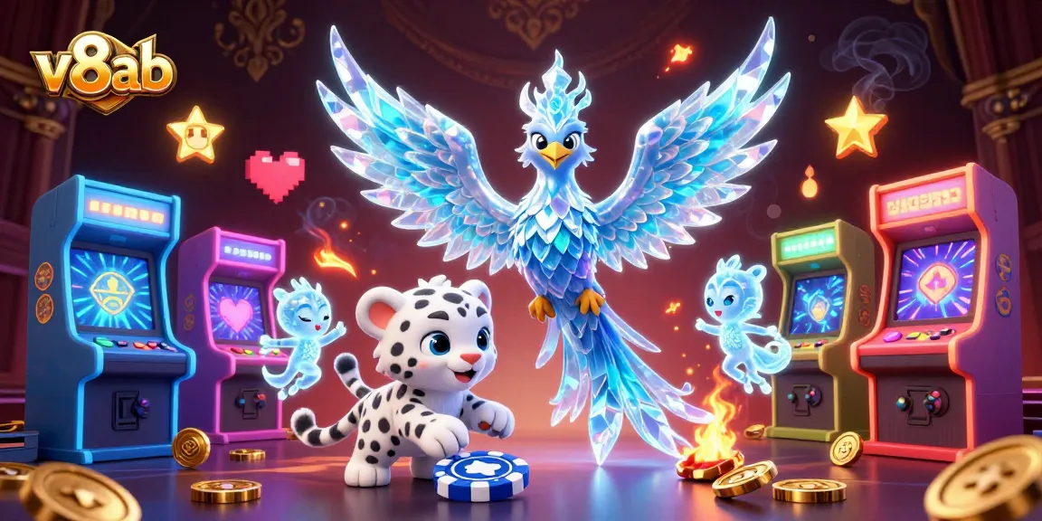 Experience thrilling gaming at v8ab with an enchanting ice phoenix and vibrant casino elements.