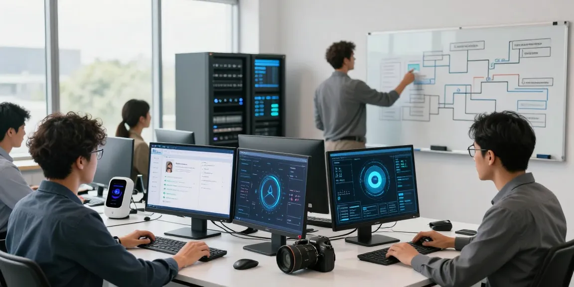 Team collaborating on an age verification system in a modern workspace.