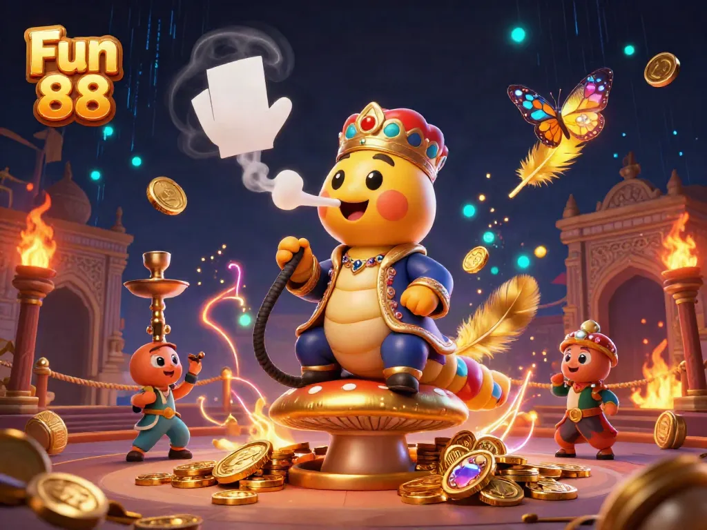 Engaging Fun 88 illustration showcasing a vibrant 3D casino scene featuring a caterpillar hookah-master and poker symbols.