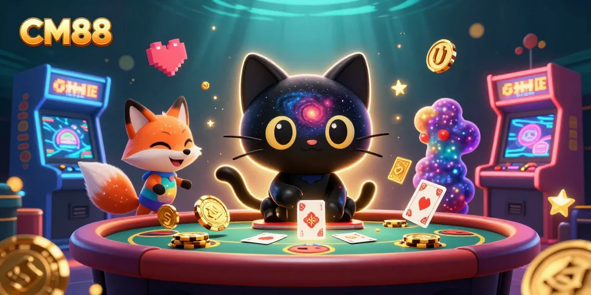 Experience the vibrant universe of CM88 as a black hole cat pulls in casino chips amidst cosmic gaming elements.