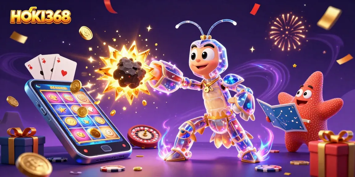 Experience HOKI368 with a dynamic galactic samurai shrimp amidst gold coins and vibrant slot games.