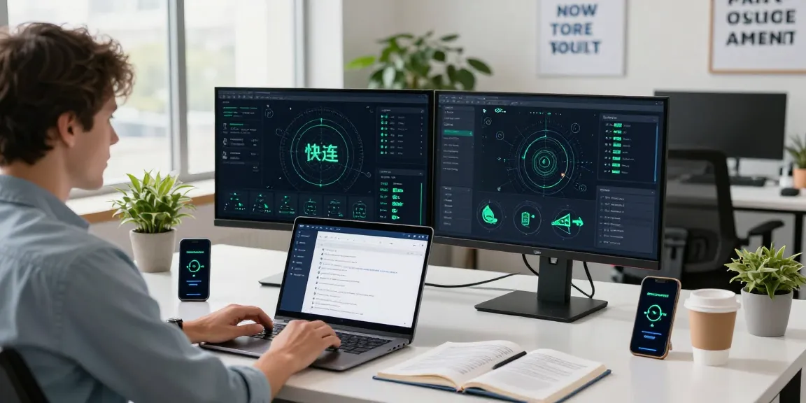 快连 application interface displayed on a laptop in a modern office setup, showcasing a user enjoying seamless network connectivity.
