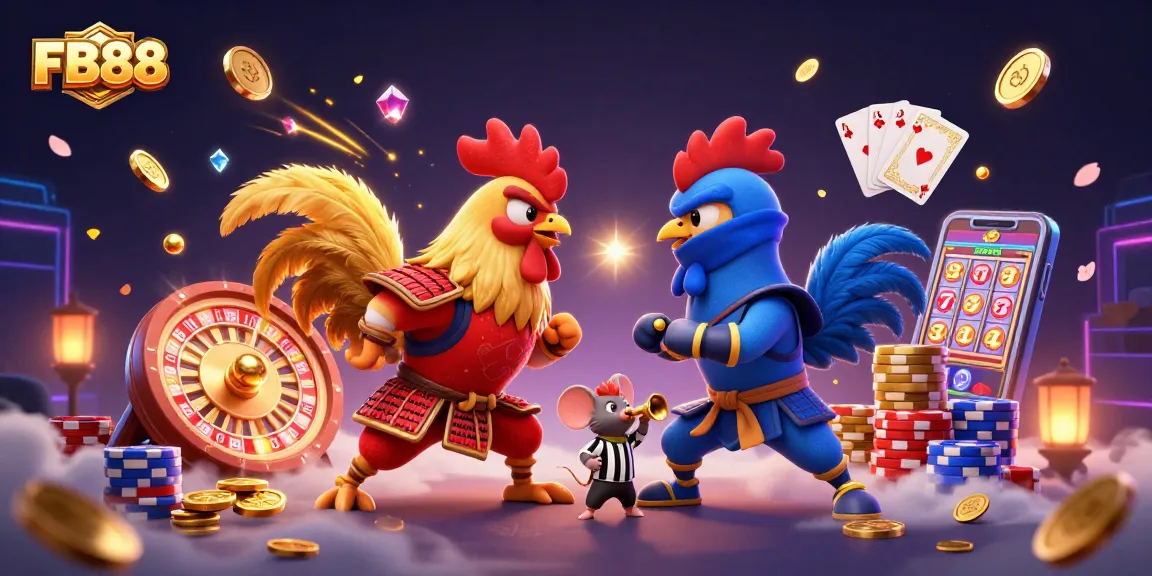 Engage in thrilling action at FB88 with iconic roosters battling amidst sparkling casino elements.