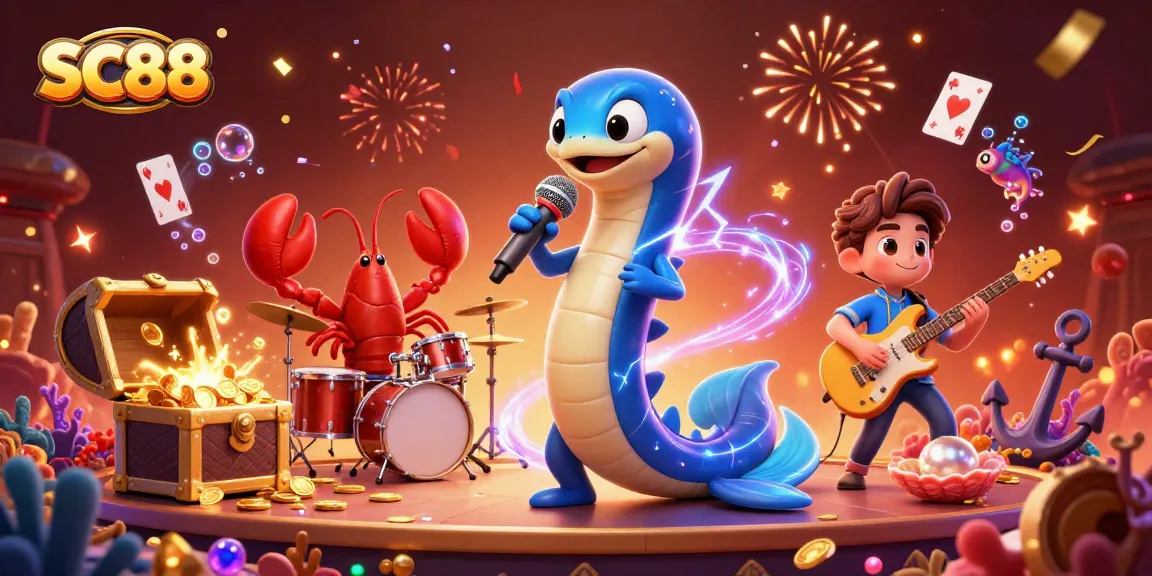 SC88 underwater casino scene featuring a DJ eel and a drummer lobster